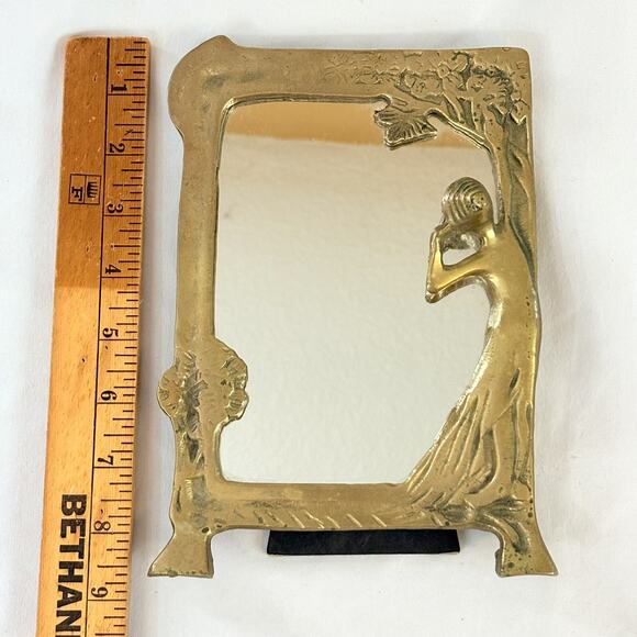 VTG Brass Mirror Art Nouveau Vanity Mirror 3D Lady By The Lake Sculpture MCM 9x6 - Picture 6 of 6